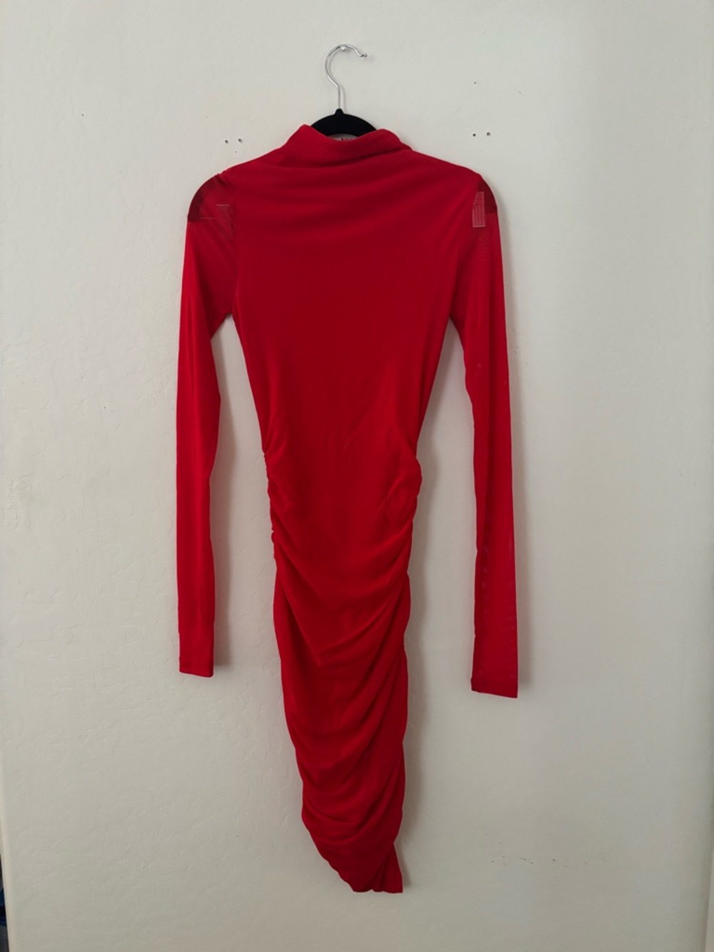 Tiger Mist Stella Midi Dress Red Mesh Ruched Bodycon Long Sleeve XS NWT